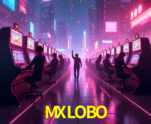 Escena dinámica inspirada en casino con iluminación MXLOBO, cartas, fichas e íconos de juegos digitales en un espacio moderno de juegos.